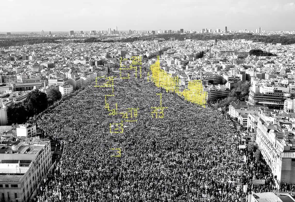 Aerial view of a massive Brazilian protest, with AI analysis overlay highlighting precise crowd numbers amidst vibrant cityscape.