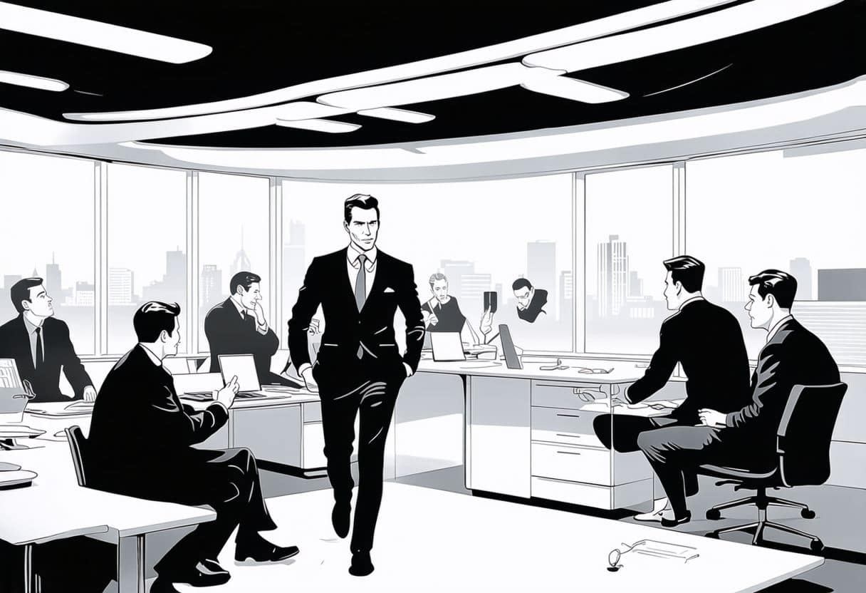 A futuristic office with sleek technology, bustling teams collaborating, and a dynamic duo symbolizing leadership and innovation, guiding growth.