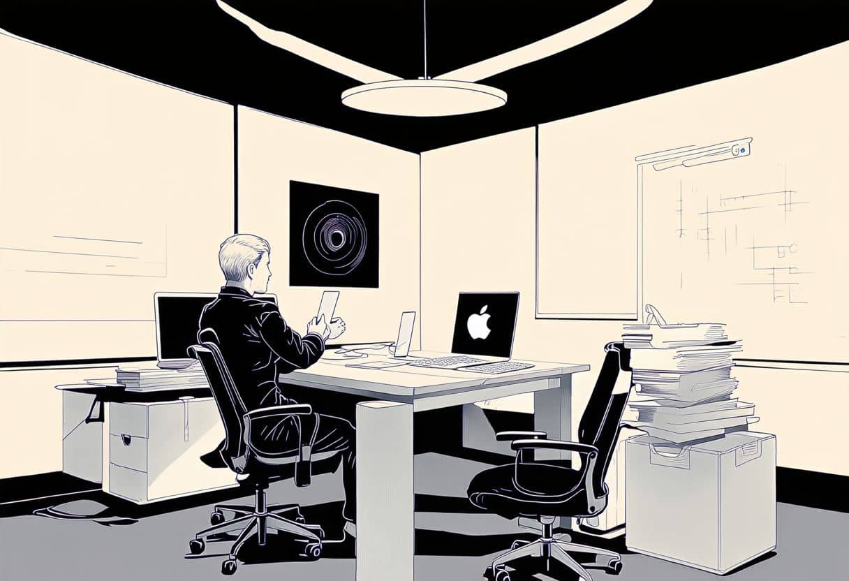 A futuristic office with Apple devices being boxed up, contrasting with a holographic AI interface, symbolizing technological conflict.