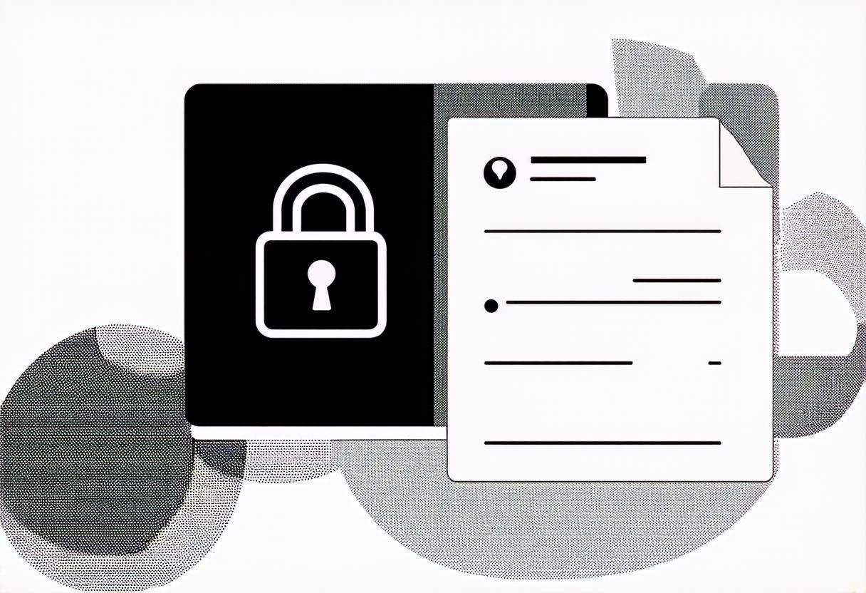 A secure digital workspace with a locked padlock icon, abstract AI elements, and a document symbolizing updated terms and conditions.