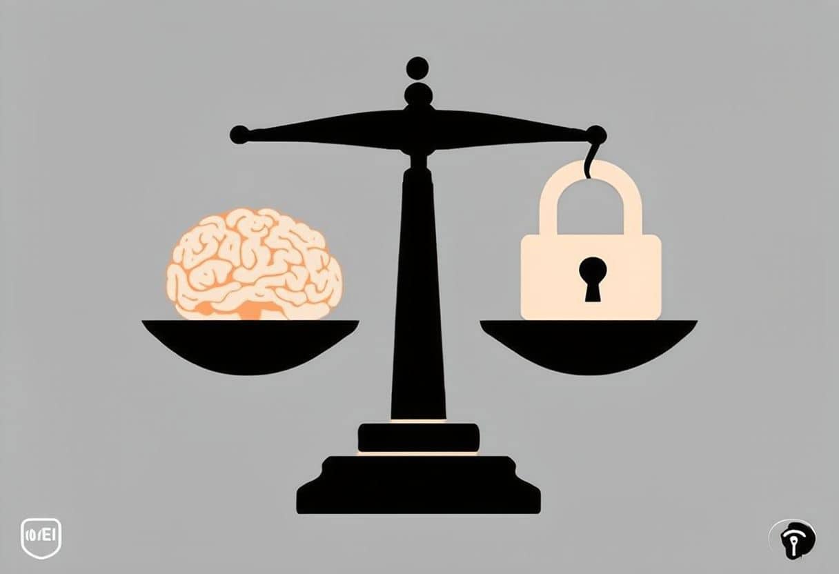 A balanced scale with a brain on one side and a lock on the other, representing privacy and AI enhancement.