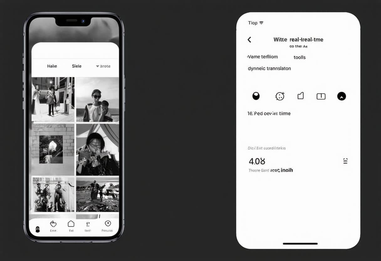 A split-screen smartphone scene showing vibrant photo memories on one side and dynamic real-time translation and productivity tools on the other.