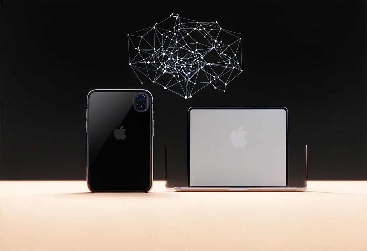 A sleek iPhone, iPad, and Mac glowing with interconnected digital nodes, symbolizing advanced integrated intelligence across devices.