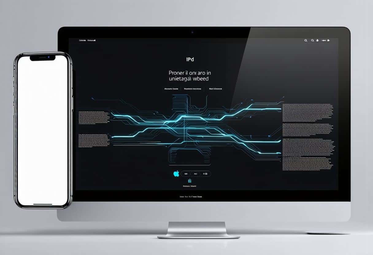 A sleek, futuristic interface showcasing an iPhone, iPad, and Mac seamlessly connected with glowing data streams, symbolizing advanced AI integration.
