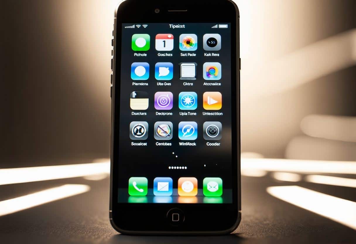 A sleek iPhone displaying vibrant, customizable app icons and dynamic photo and messaging interfaces, surrounded by a futuristic digital aura.