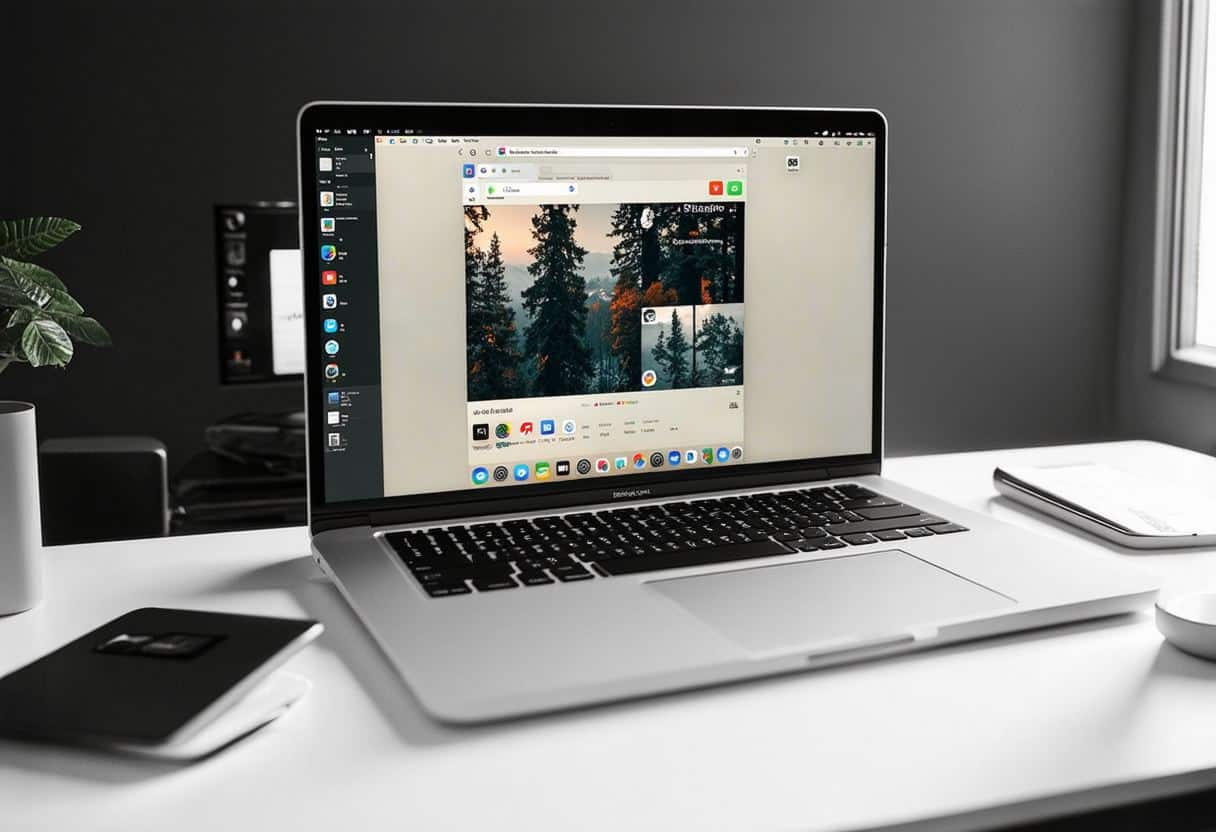 A sleek MacBook displaying macOS Sequoia, with mirrored iPhone, dynamic gaming visuals, and productive app windows in a modern workspace.