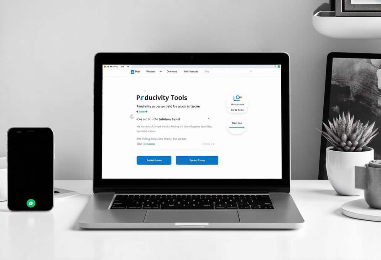 A sleek MacBook displaying an iPhone screen, surrounded by icons of productivity tools and digital intelligence elements, set in a modern workspace.