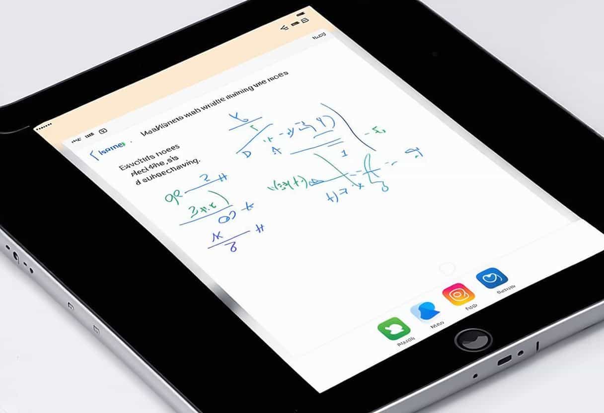 A sleek iPad displaying vibrant, interactive math notes, advanced handwriting tools, and a customizable home screen with dynamic icons.