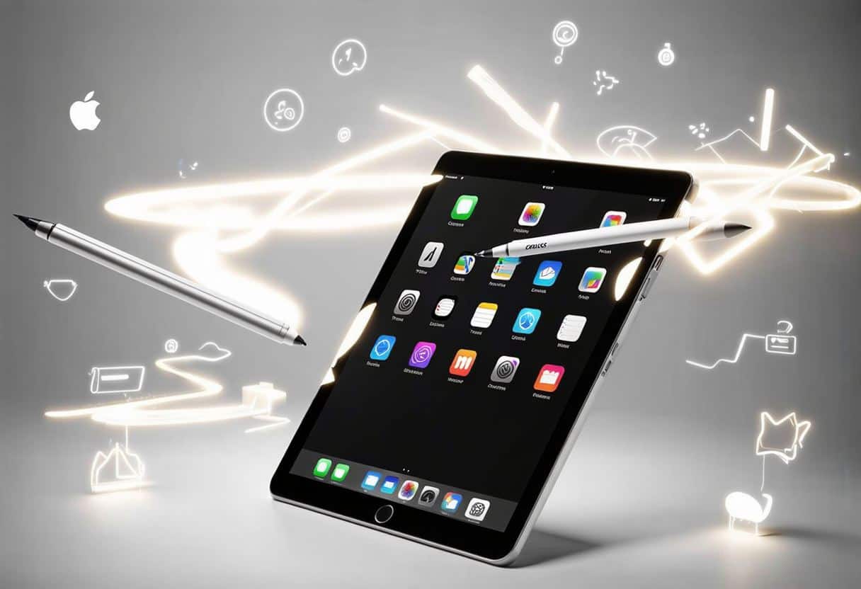 A sleek iPad displaying vibrant, interactive apps with a floating Apple Pencil, surrounded by glowing icons representing intelligence and creativity.