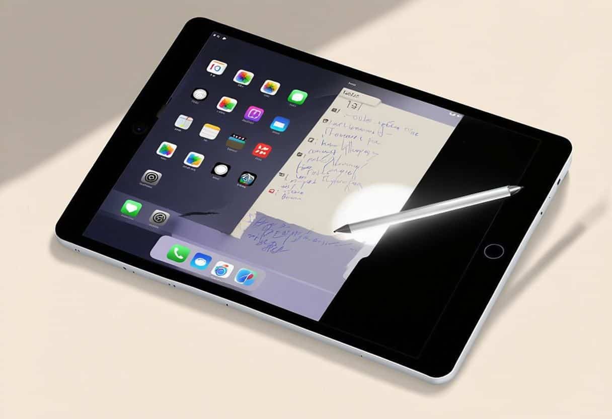 A sleek, modern iPad showcasing vibrant app icons, dynamic note-taking with a glowing Apple Pencil, and a futuristic interface.