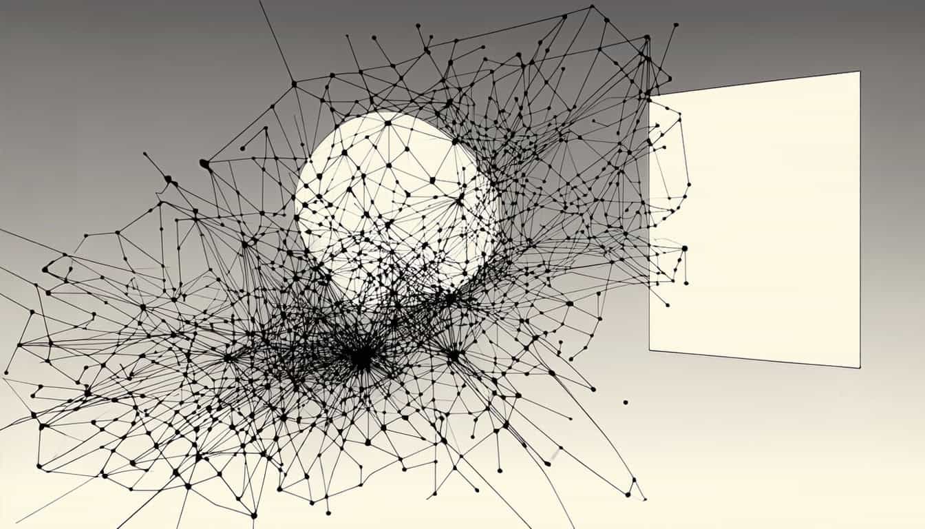 An abstract depiction of a suspended AI algorithm with a backdrop of interconnected data nodes and a blank screen in the background. The simple gradient background supports these two primary elements, giving an impression of halted progress and pending resolution