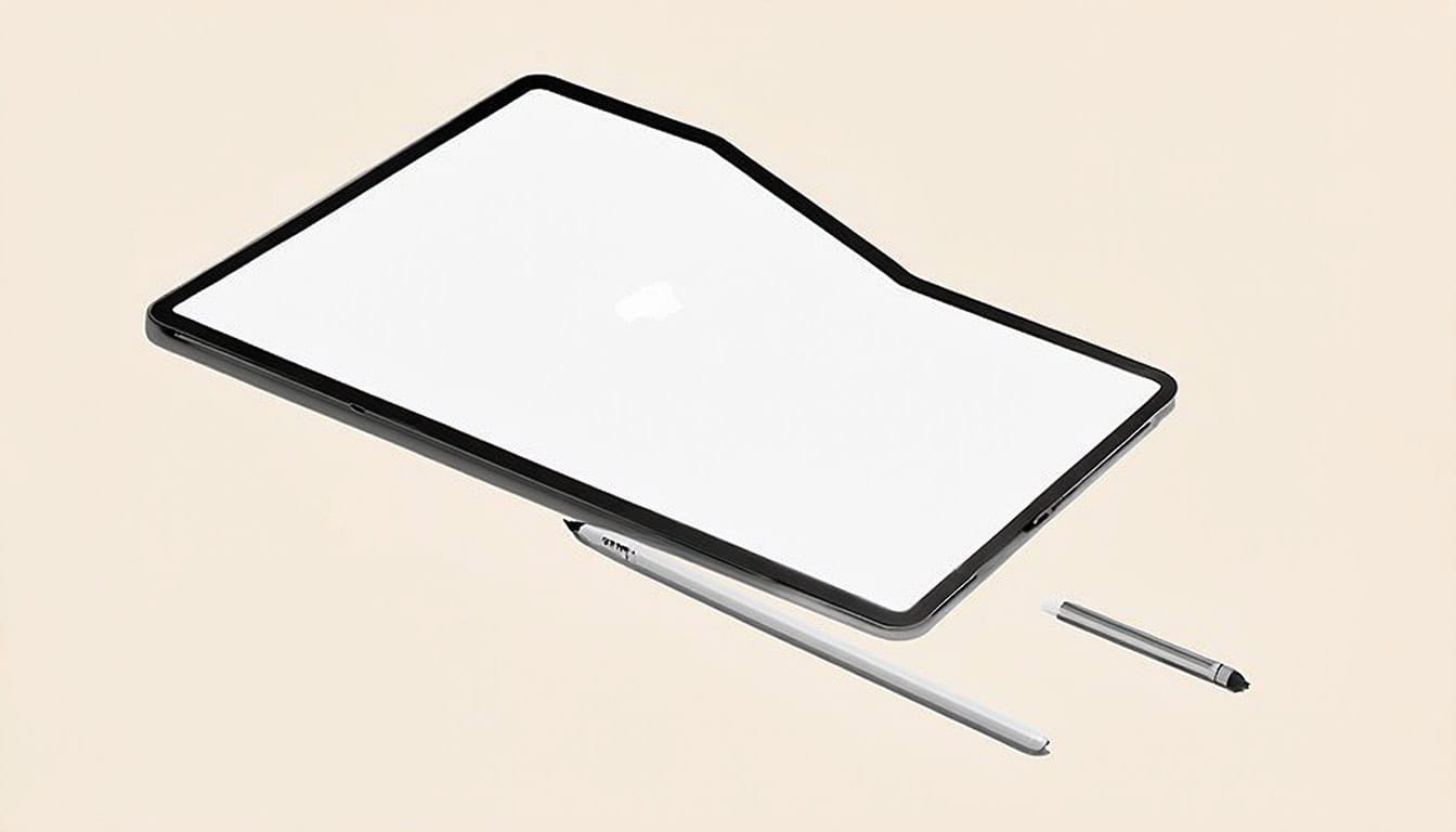 An iPad with a blank screen and an Apple Pencil placed side by side on a simple, clean background