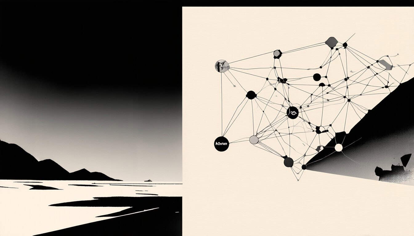 A digital landscape with two main pieces: an abstract representation of artificial intelligence seamlessly integrating into various Microsoft products, shown as interconnected nodes and lines, alongside an illustration of a web browser, indicating the concept of open access. The background features subtle gradients and geometric shapes to maintain simplicity