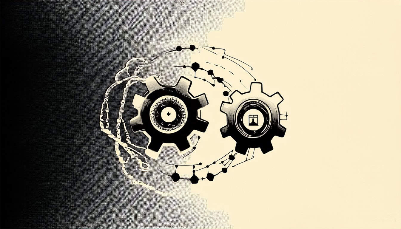A depiction of two large, interconnected gears with abstract data streams flowing between them; one gear symbolizes legal action while the other represents tech companies. The background consists of a simple gradient transitioning from light to dark