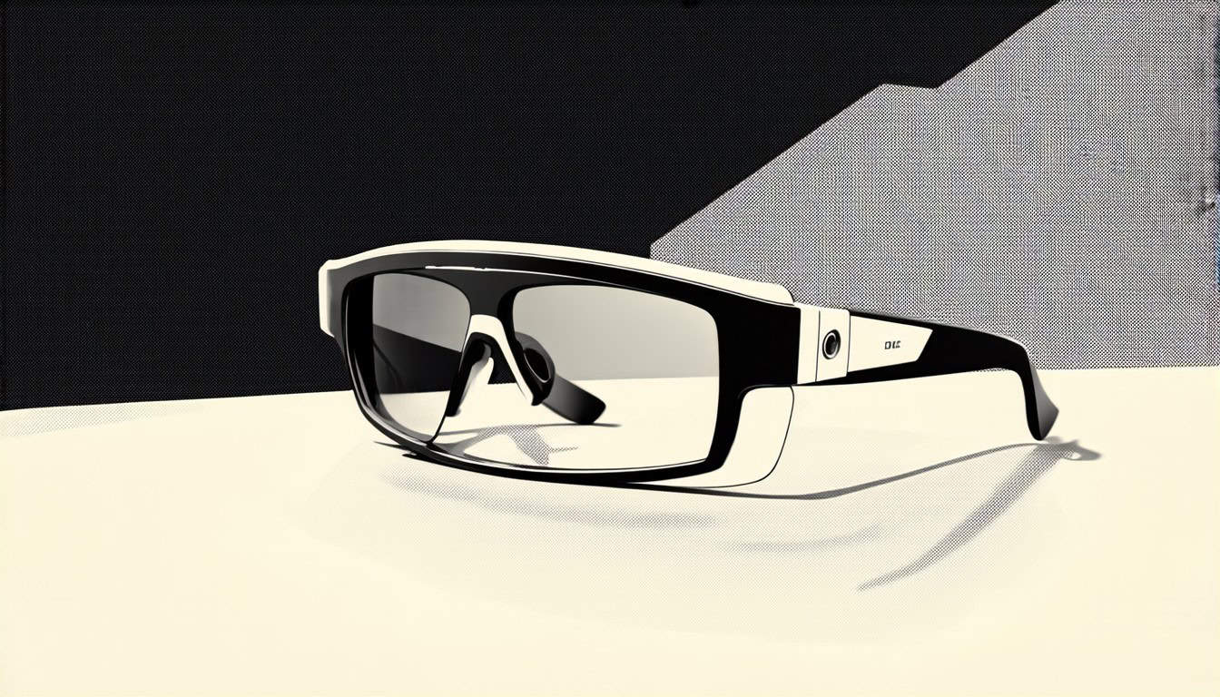 A sleek pair of smart glasses with prominent frames and a small, integrated camera is visible in the foreground; behind it, a minimalistic background featuring abstract shapes that subtly hint at technology