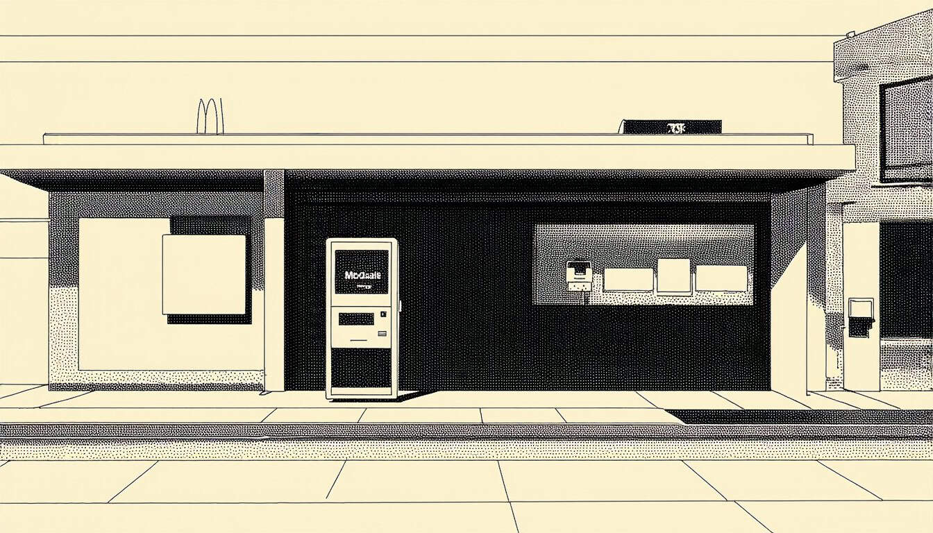 A simplified illustration with a drive-thru lane featuring an abstract representation of a McDonald's-style restaurant on one side and a blank screen kiosk on the other side, all set against a minimalistic urban background containing basic building outlines