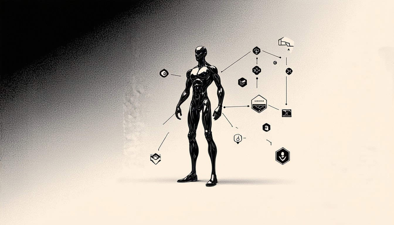 Large abstract figure symbolizing technological innovation, surrounded by small geometrical shapes representing various sectors like healthcare and education. Simple gradient background showing a smooth transition from one color to another